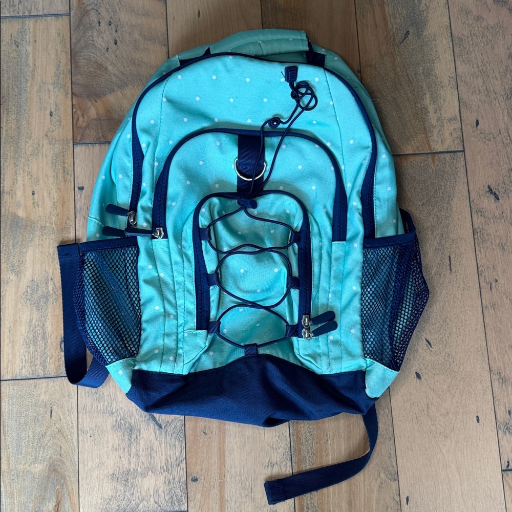 EXCELLENT Pottery Barn Teen large backpack aqua polka dots with navy trim